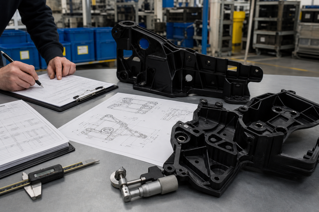 Beoordeling van een fabrikant van kunststofonderdelen voor de automobielindustrie, inclusief tekeningen van spuitgietonderdelen en documentatie in PPAP-stijl