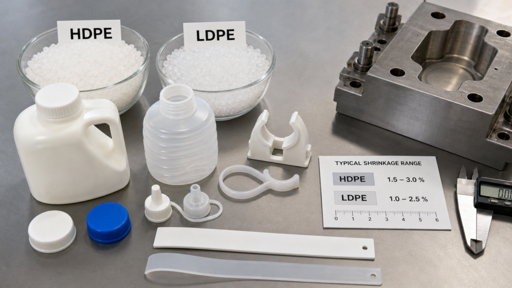 HDPE- en LDPE-polyethyleen, spuitgegoten onderdelen, harskorrels, matrijsinzetstukken, krimpkaart en schuifmaten