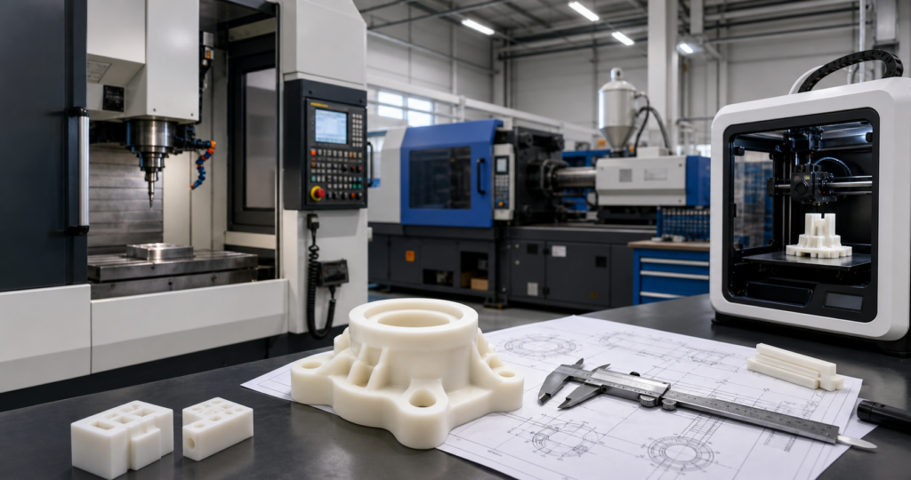 Werkplaats voor de verwerking van nylon, uitgerust met apparatuur voor CNC-bewerking, spuitgieten en 3D-printen