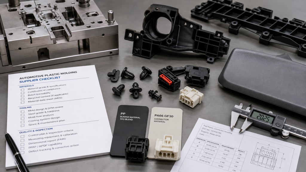 Kunststof spuitgietonderdelen voor de automobielindustrie, met een PP-bumpermonster, PA66 GF30-materiaal voor connectoren, inzetstukken voor matrijzen, checklist voor leveranciers, inspectierapport en schuifmaten