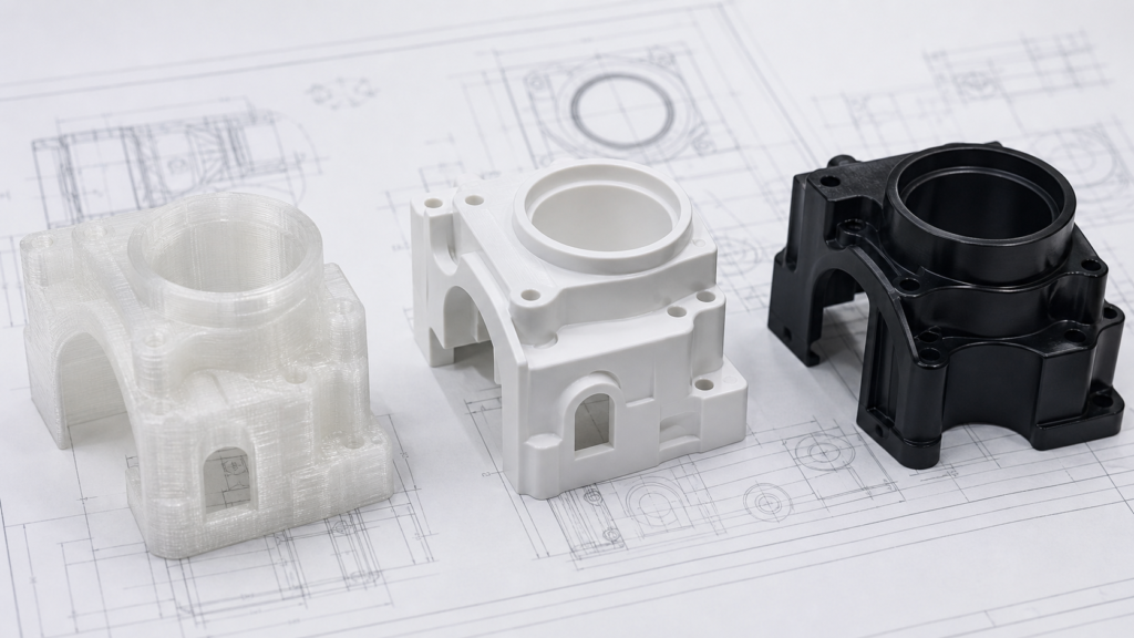 Plastic prototype progression from 3D printed part to CNC machined prototype to injection molded production part