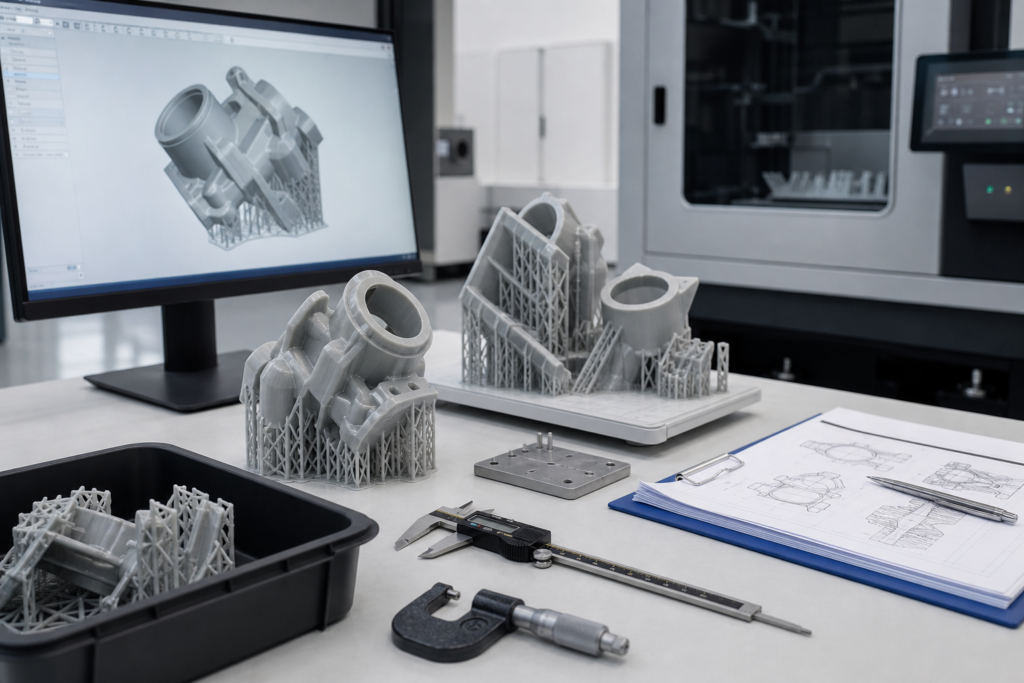Opstelling voor 3D-printen met digitale lichtsynthese, inclusief voltooide kunststof onderdelen en hulpmiddelen voor technische beoordeling
