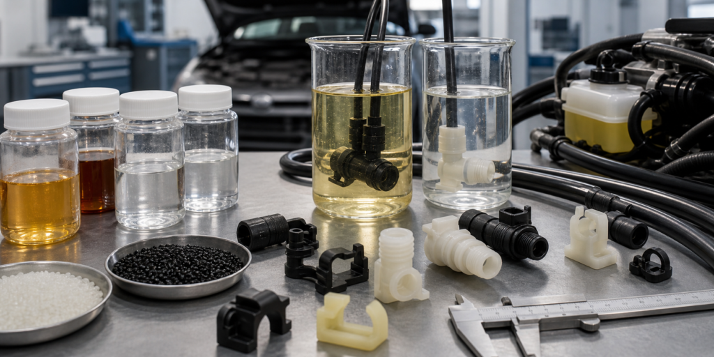 Testen van de brandstofbestendigheid van nylon met monsters van benzine, diesel, ethanol en DEF, en met gegoten kunststofonderdelen