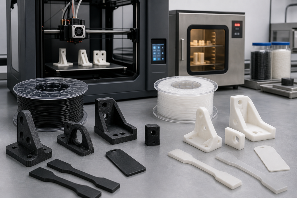3D-geprinte onderdelen van PC-ABS en polycarbonaat, inclusief printer, gedroogd filament en testmonsters