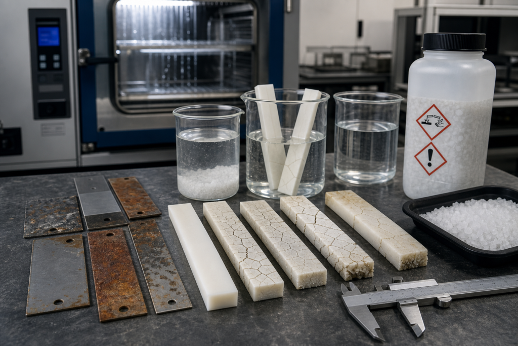 Testen van de bestendigheid van nylon tegen zinkchloride en strooizout met kunststofmonsters, potten met zoutoplossing en laboratoriumgereedschap