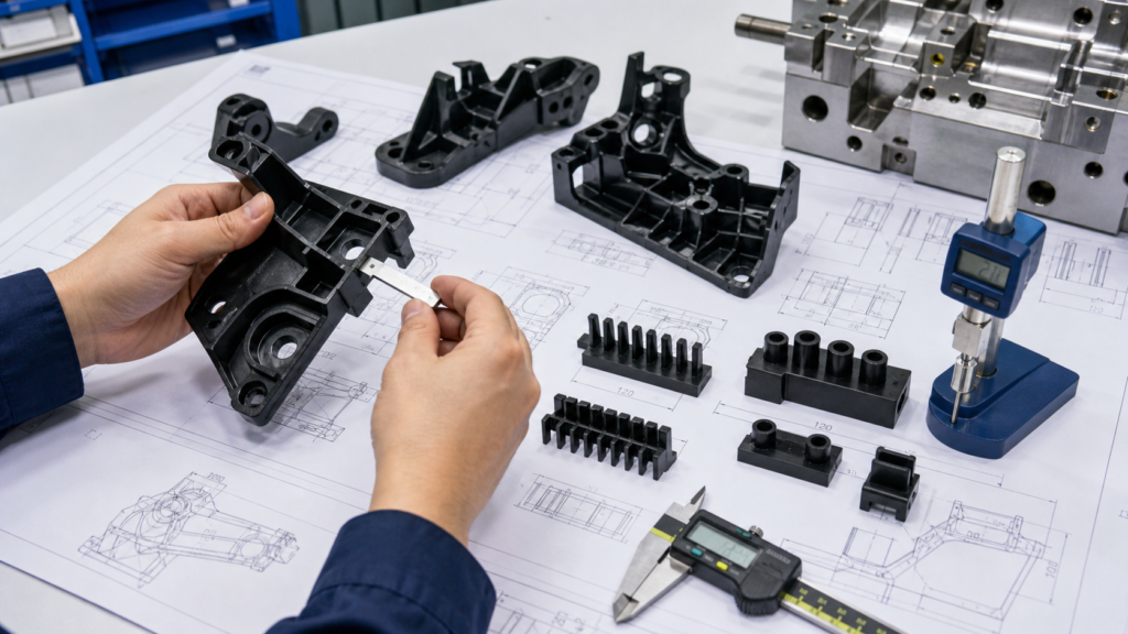 Automotive plastic part DFM review with molded brackets, drawings, calipers and mold insert