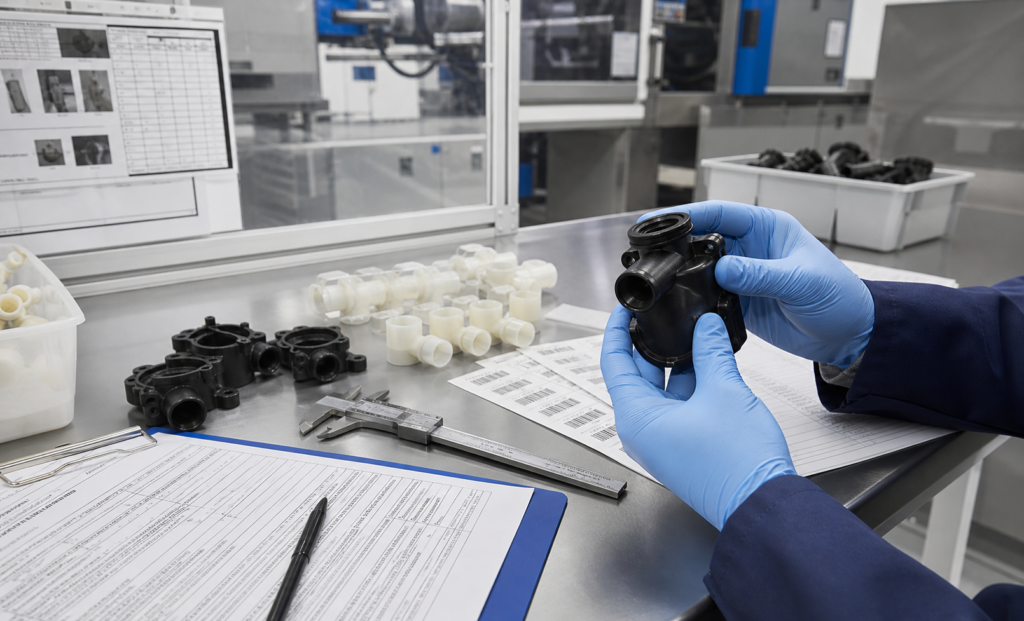 Medical plastic molding compliance review with molded components and quality documentation on a clean bench