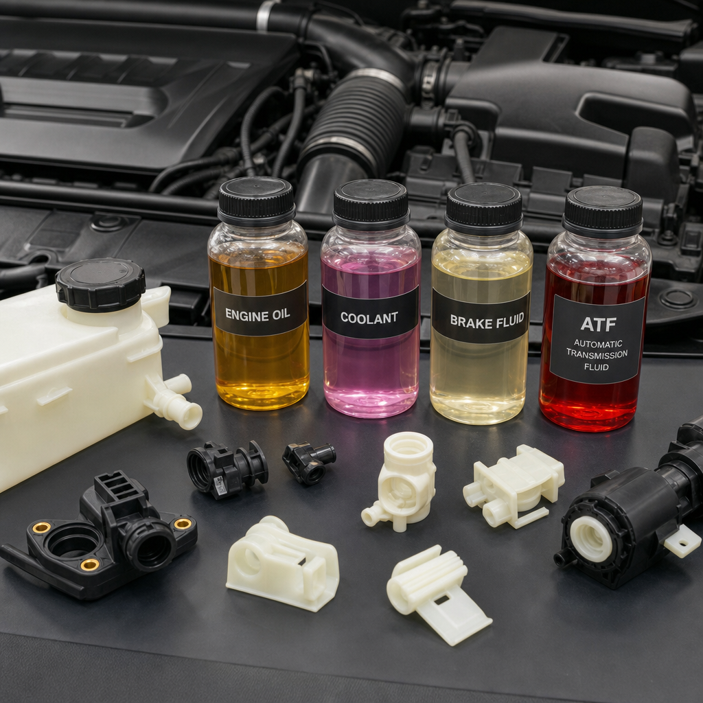 Nylon automotive parts beside engine oil, coolant, brake fluid, and transmission fluid samples