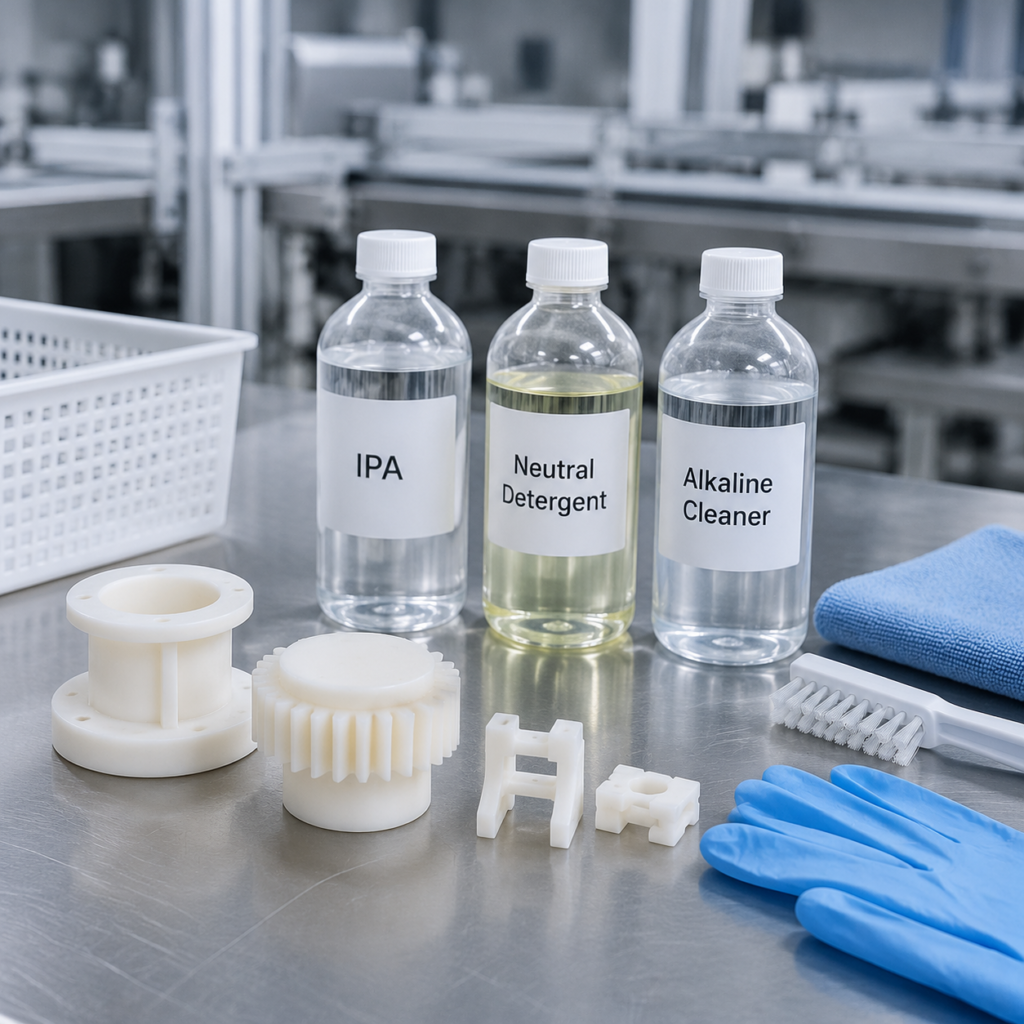 Nylon plastic parts next to IPA detergent and alkaline cleaner samples on a lab bench
