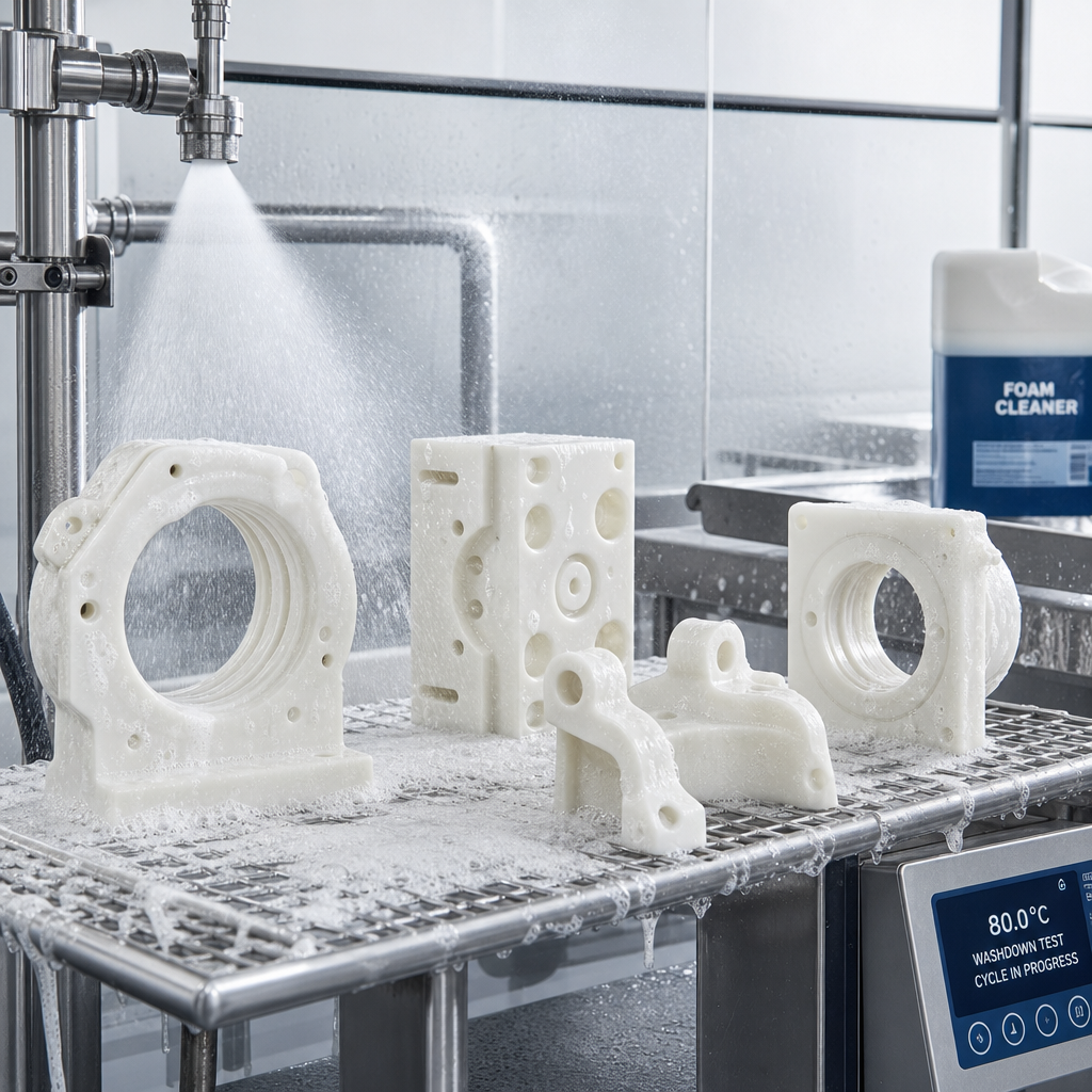 Nylon equipment parts in a washdown sanitation test scene with hot water and foam cleaner