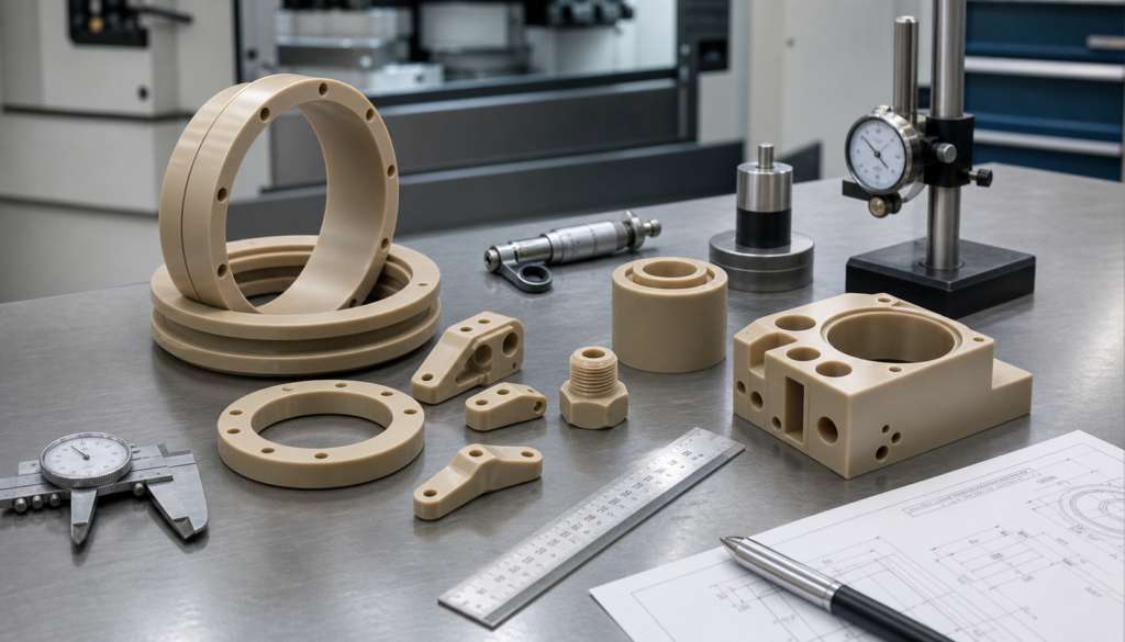 Overzicht van CNC-bewerkingsdiensten voor PEEK, met bewerkte hoogwaardige kunststofonderdelen op een inspectietafel