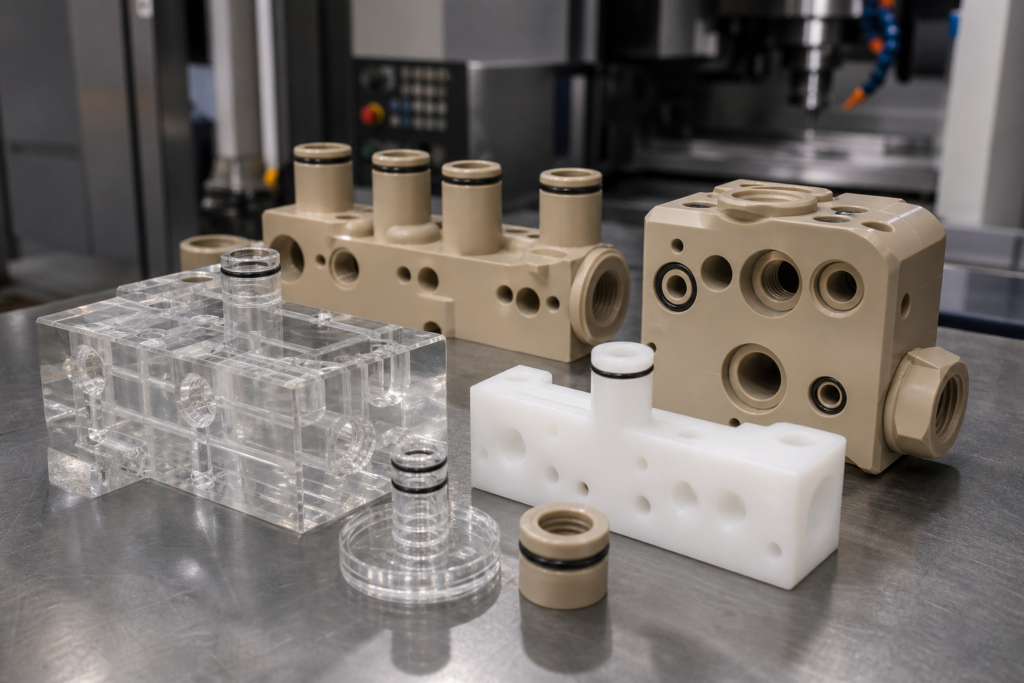 Plastic manifold manufacturer review with machined fluid distribution blocks, ports and sealing features