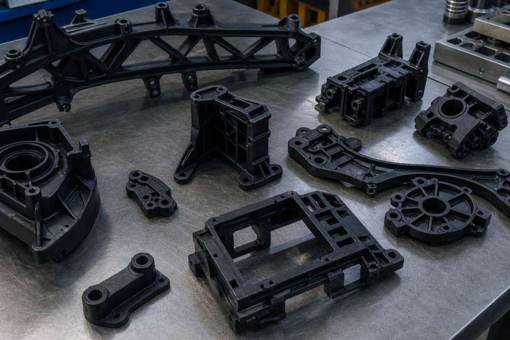 Technisch overzicht van polyamide-spuitgieten met PA6-, PA66- en PA12-spuitgietonderdelen op een werkbank