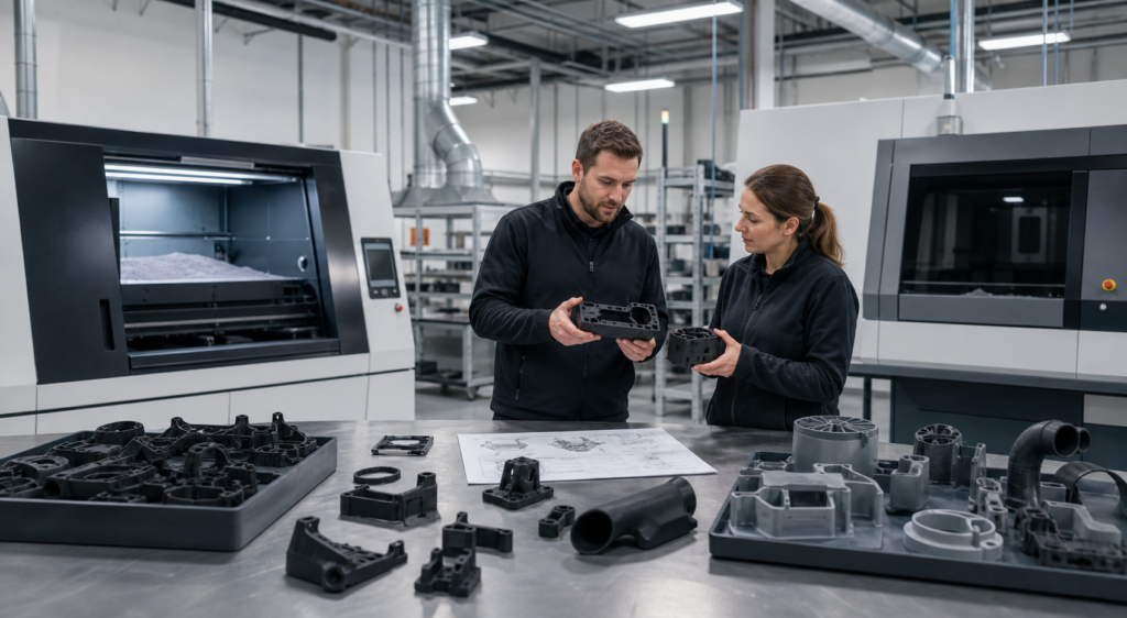 SLS and MJF nylon 3D printing parts compared in an industrial additive manufacturing workshop