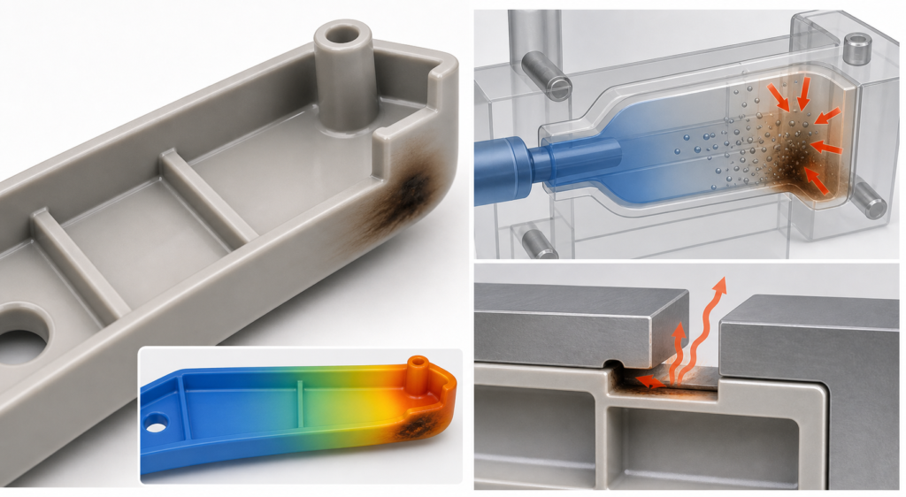 Burn marks in injection molding caused by trapped gas and localized heat