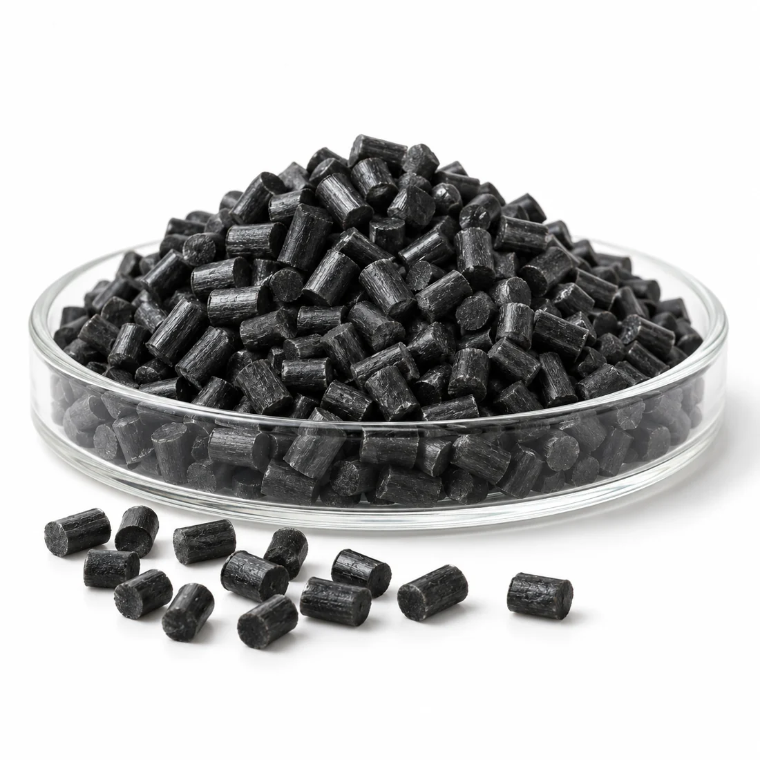 carbon pellets illustration Illustrative carbon reinforced resin pellets on a white background